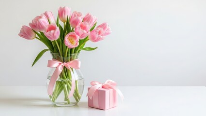 Bouquet of pink tulips in clear glass vase with ribbon and gift box on white background
