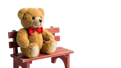 Teddy bear sitting on a small chair isolated on transparent background