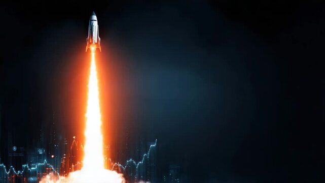 Rocket launch into night sky with bright plume and glowing trail, blazing exhaust and flame ascent with dramatic smoke, futuristic skyline and data graph overlay conveying energetic space innovation