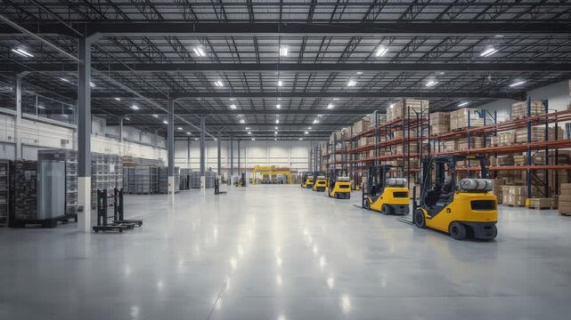 Spacious warehouse interior with rows of yellow forklifts and stacked cardboard pallet shelving