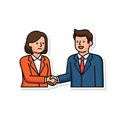 A cartoon image of a man and woman in business attire shaking hands