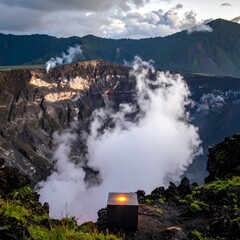 Volcanic crater with billowing steam, ominous glow, and distant mountains