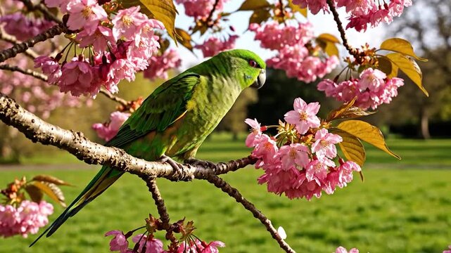 Green parrot perches on a branch adorned with vibrant pink blossoms in a sunny park