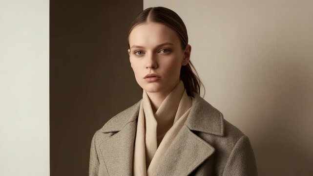 Young woman beige coat and scarf neutral portrait studio minimalist soft mood