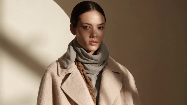 Young woman portrait in studio fashion beige wool coat and gray scarf in soft light