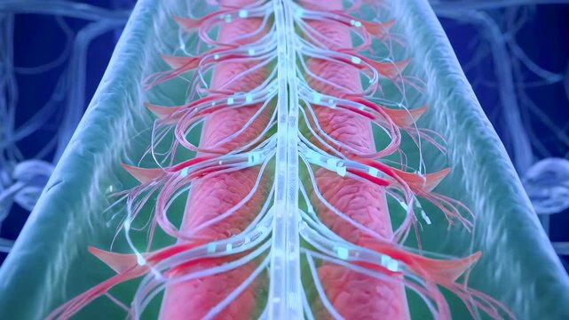 detailed spinal cord with exiting nerve roots and vascular network in closeup neurosurgeon uses D visualization for planning decompression and nervesparing procedures