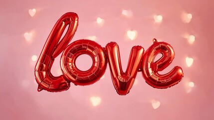 Red metallic foil balloon spelling LOVE, floating gently, soft pastel pink background, subtle heart bokeh, romantic lighting, high detail, realistic photography, Valentine theme