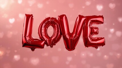 Red metallic foil balloon spelling LOVE, floating gently, soft pastel pink background, subtle heart bokeh, romantic lighting, high detail, realistic photography, Valentine theme