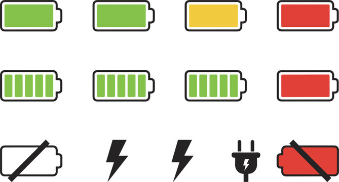 Colorful battery level indicator set showing full medium low charge and charging status icons for mobile interface design.