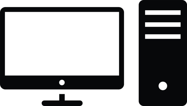 Desktop computer workstation icon featuring a black silhouette of a modern monitor screen and pc tower for technology.