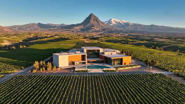 Golden light illuminates a contemporary building, vast vineyards, and distant mountains
