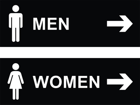 Directional restroom signs with men and women text and arrow pointers for public facility wayfinding and facility management.