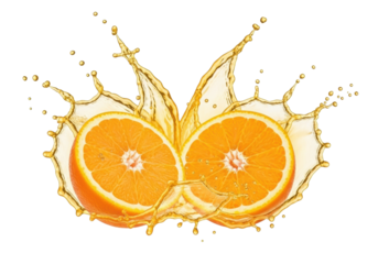 Two perfectly ripe orange halves with glistening pulp and juice vesicles, surrounded by a dynamic, explosive splash of vibrant orange juice on a transparent background. Concept for beverage