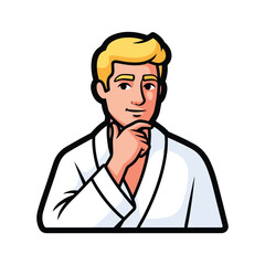 Obraz premium A cartoon man in a white robe with his hand on chin