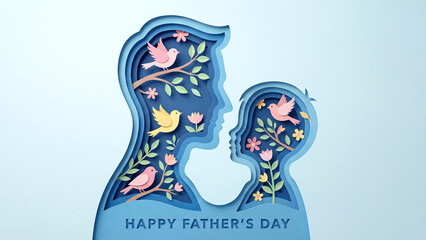 Father's Day Art Serene Silhouette of Parent and Child with Birds and Flowers Paper Cutout