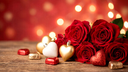 Romantic Valentine's Day Roses, Heart Ornaments and Chocolates on Rustic Wood Table