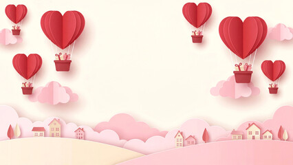 Valentine's Day Serenity Heart Balloons Over Paper Cut Town for Romantic Celebrations