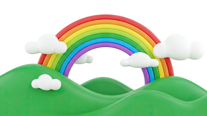 3D Render of a Cartoon Rainbow Over Green Hills with Clouds