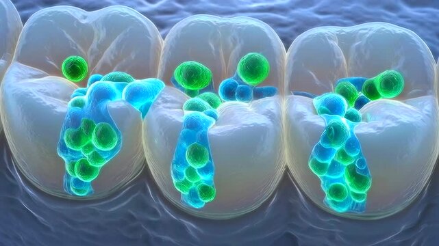 molar fissures with green plaque biofilm forming in enamel grooves, closeup of bacterial colonies and early decay indicators on tooth surface, educational dental hygiene visualization