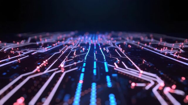 Futuristic electronic circuit board with glowing blue and pink data pathways creating dynamic depth