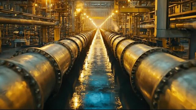 An industrial interior highlighting large pipes in a factory setting.