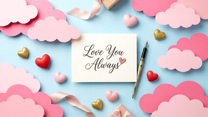 Love You Always Valentine's Day Card with Pink Clouds and Hearts on Light Blue Background