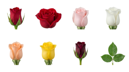 Floral Botanical Collection Set Featuring Red Yellow Pink White Roses and Green Foliage Isolated Buds