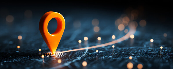 Fototapeta premium Orange location pin marker on digital map with white lines and dots representing navigation routes and data points