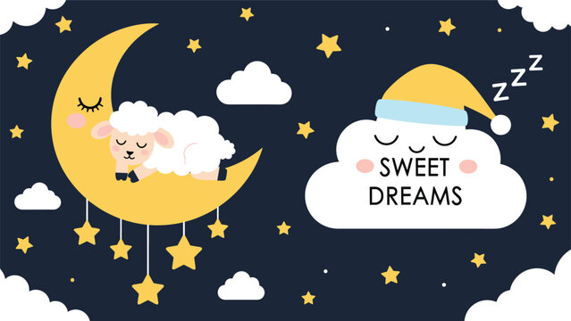 Adorable 'Sweet Dreams' nursery illustration with a cute sheep sleeping on a crescent moon and a dreaming cloud in a starry night sky.