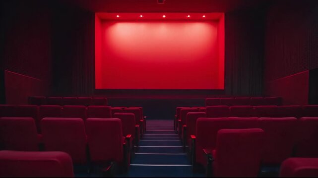 A modern cinema with empty red seating and ambient lighting.