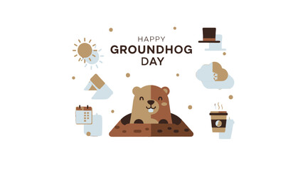 Groundhog Day celebration with cartoon groundhog and festive elements.