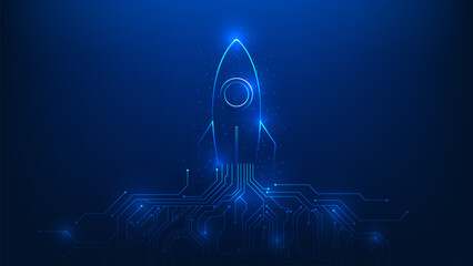Deep Technology Background with Line Art Rocket Launching from Digital Circuit, Innovation Growth, High Technology and Future Startup Concept © K illustrator Photo