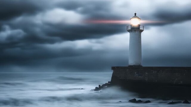 Dramatic White Lighthouse Standing Tall Against Stormy Dark Clouds Over The Crashing Ocean Waves At Dusk With A Glowing Beacon Light Illuminating The Gloomy Atmosphere