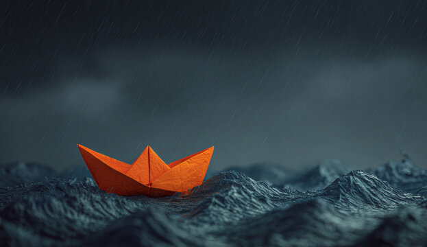 Origami orange paper boat with intricate folds floating on dark stormy ocean waves under ominous sky
