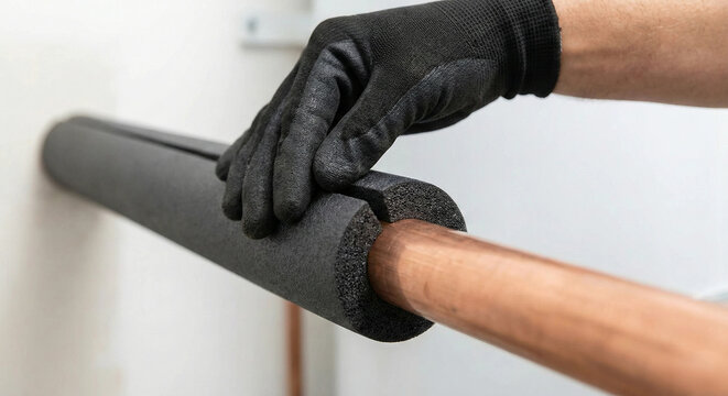 Worker hand installing foam insulation on copper water pipe