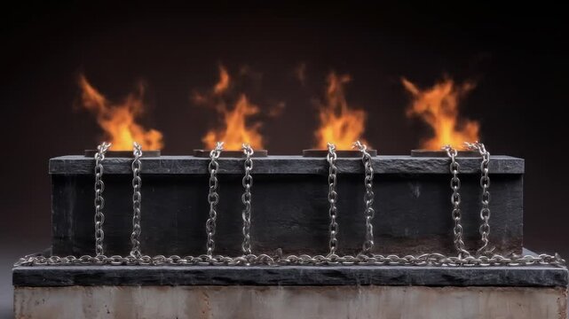 Four individual fires burn from recessed bowls, chained to a rough, grey stone block. Background is dark