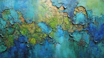 Abstract Mottled Texture with Layers of Peeling Paint in Turquoise Blue and Green with Hints of Gold for Distressed Grunge Effect