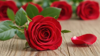 Red rose on wooden table with fallen petal and blurred background roses