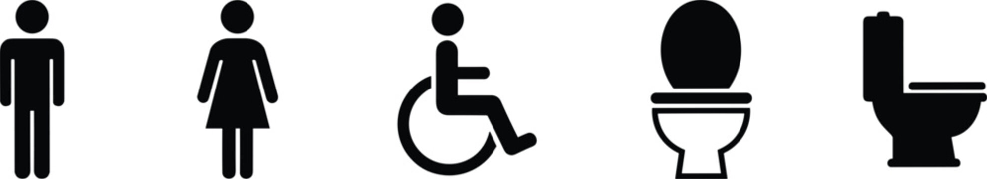 Restroom icon set featuring solid black silhouettes for male female and wheelchair accessibility with toilet bowl and plumbing symbols.
