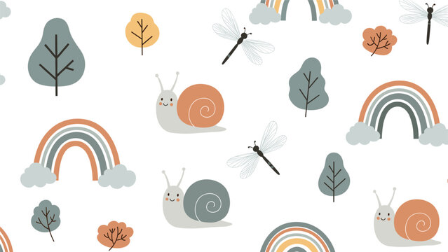 Adorable and simple seamless pattern for children featuring cute snails, dragonflies, rainbows, and minimalist trees on a white background.