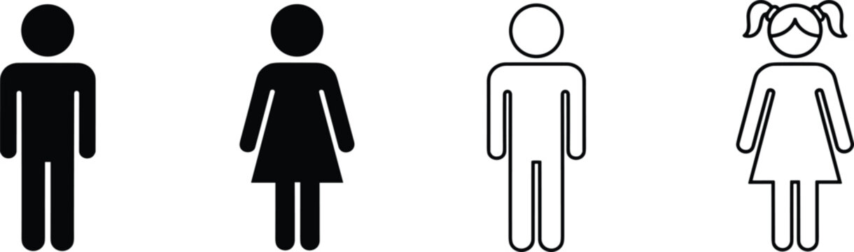 Human figure icon set featuring solid black and outline silhouettes of male and female characters for social symbols.