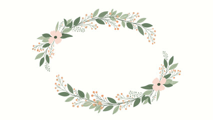 Obraz premium Delicate and elegant oval floral frame made from two symmetrical branches with pink flowers and green leaves, perfect for wedding invitations.