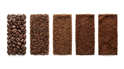 Coffee grind size chart, Different types of ground coffee, Coffee processing steps from beans to powder