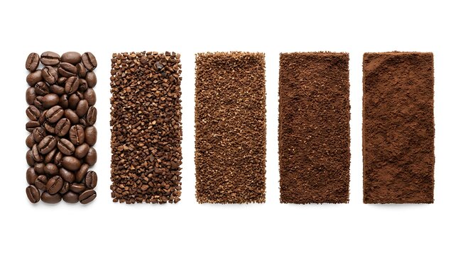 Coffee grind size chart, Different types of ground coffee, Coffee processing steps from beans to powder