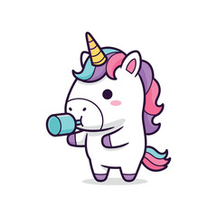 Obraz premium Cartoon Unicorn Drinking from Bottle Illustration