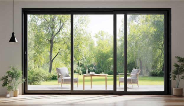 Outdoor black aluminum sliding door with large glass panels opening to a lush green garden with patio furniture