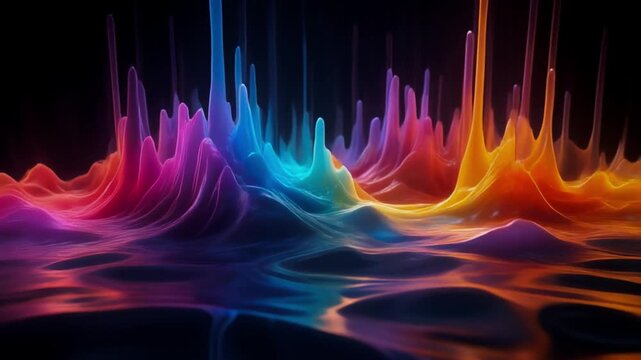 AI-guided colored liquid morphing into vibrant shapes as sound waves pass through in seamless loop