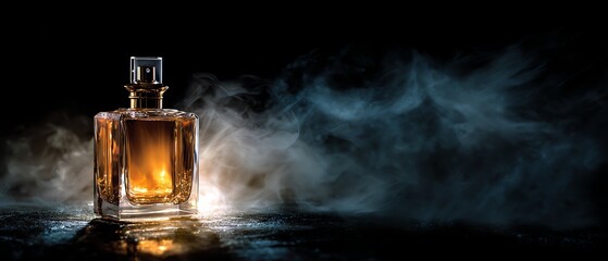 Elegant fragrance bottle with smoky background.