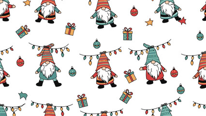 Fototapeta premium A festive and seamless Christmas pattern featuring a variety of cute cartoon gnomes, gifts, ornaments, and strings of colorful lights.