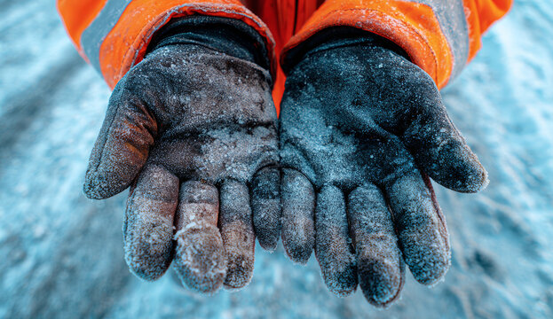Person wearing bright orange safety jacket and black gloves holding snow-covered hands in cold environment